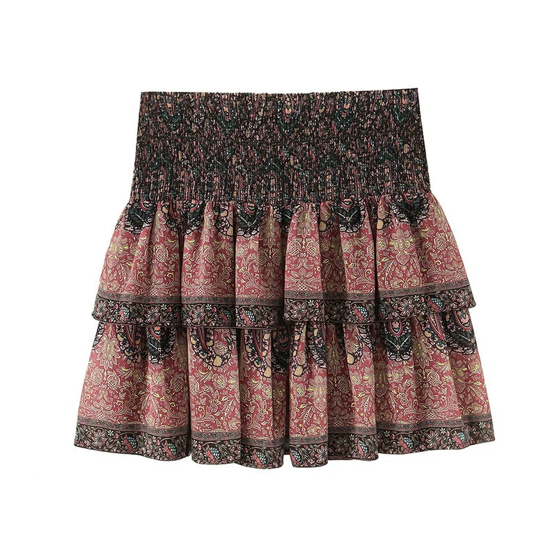 Women's Boho Floral Print Smocked Waist Tiered Ruffle Mini Skirt Vintage A-Line Casual Summer Skirts