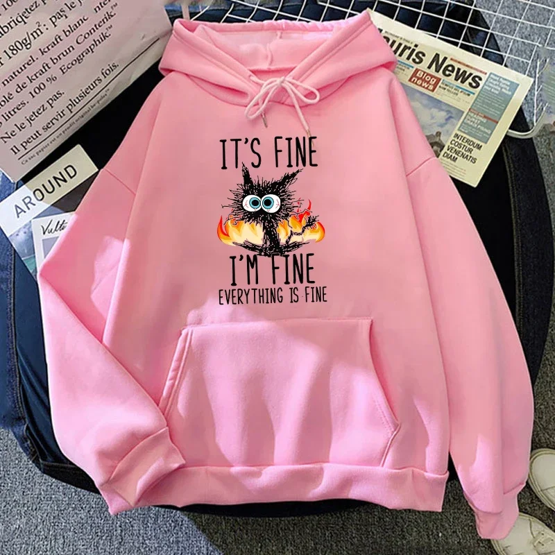 2025 Plus Size Cat Its Fine Im Fine Everything Is Fine Printed Women Hoodies Autumn Winter Hoodie Pullover Hooded
