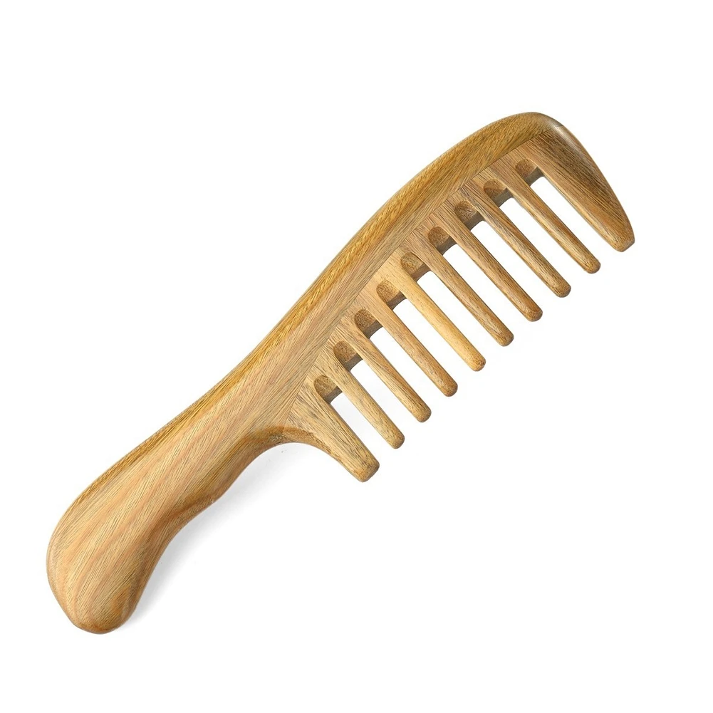 Wide Tooth Natural Sandalwood Hair Comb- No Static Wooden Detangling Comb with Handle for Thick Curly Wavy Hair