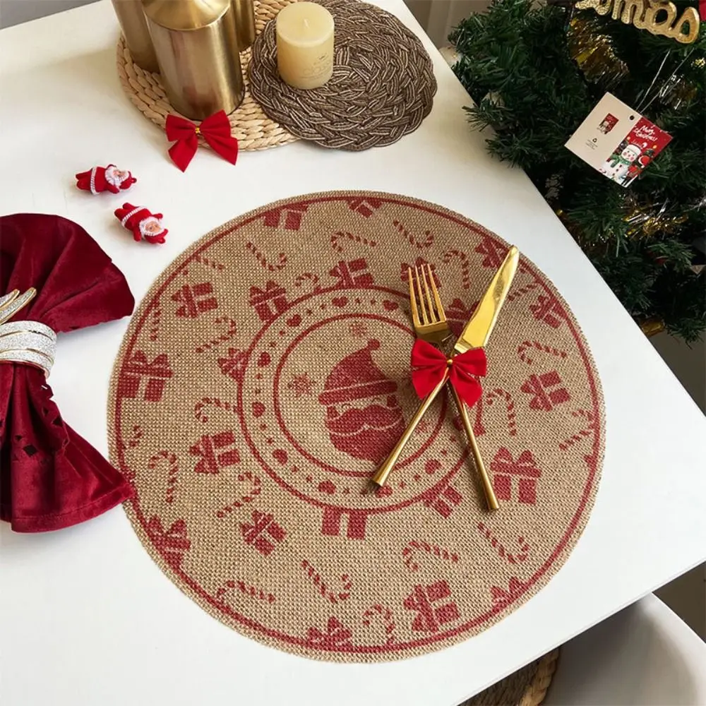 

Santa Snowflakes Jute Christmas Placemat Vintage Retro Tableware Mat with Ball Printing Coaster Dinning Table