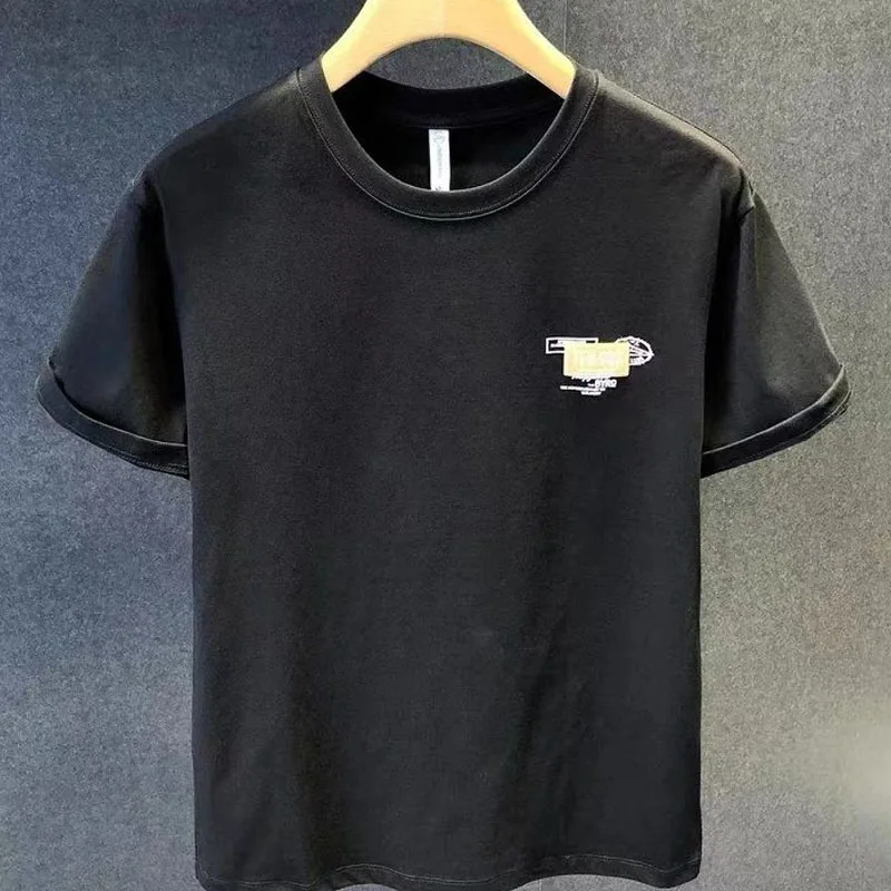 White T-shirt Men Summer High Street Printing T-shirt Light Luxury Pure Cotton Round Neck Comfortable All-match Short T-shirt