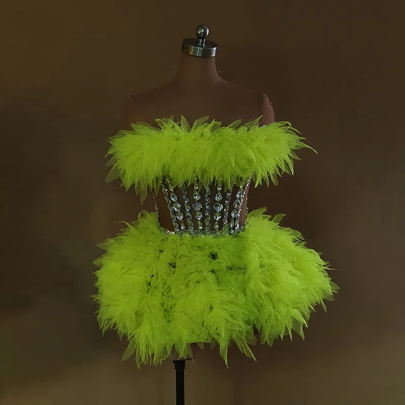 

Costume Green Stage Sexy Tube Top Set Rhinestone Stage Costume Birthday Banquet Party Performance Dress Body Transparente Flecos