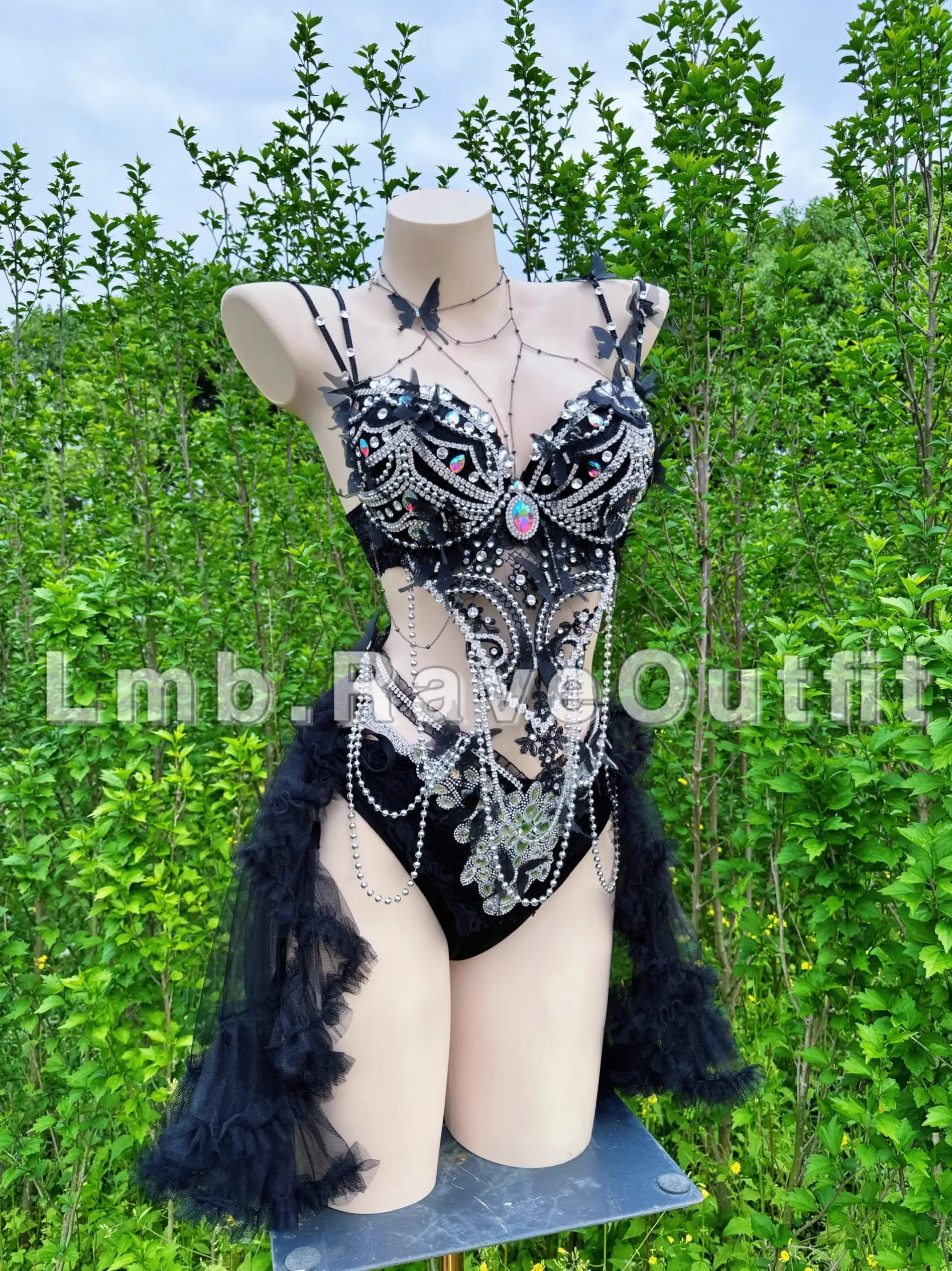 Women Black Sparkling Diamond Bikini Outfits Singer Bar Nightclub Dance Stage Costume Party Rave Set Sexy Performance Clothing