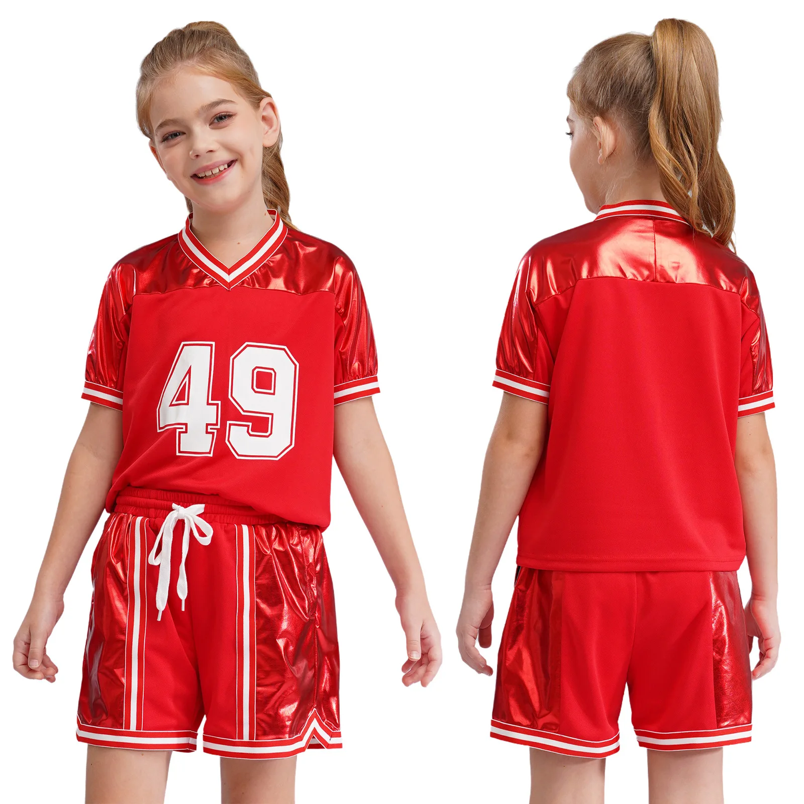 Kids Girls Fashion Metallic Sports Set Tracksuit Short Sleeve T-shirt with Shorts Outfits Basketball Football Cheerleading Set