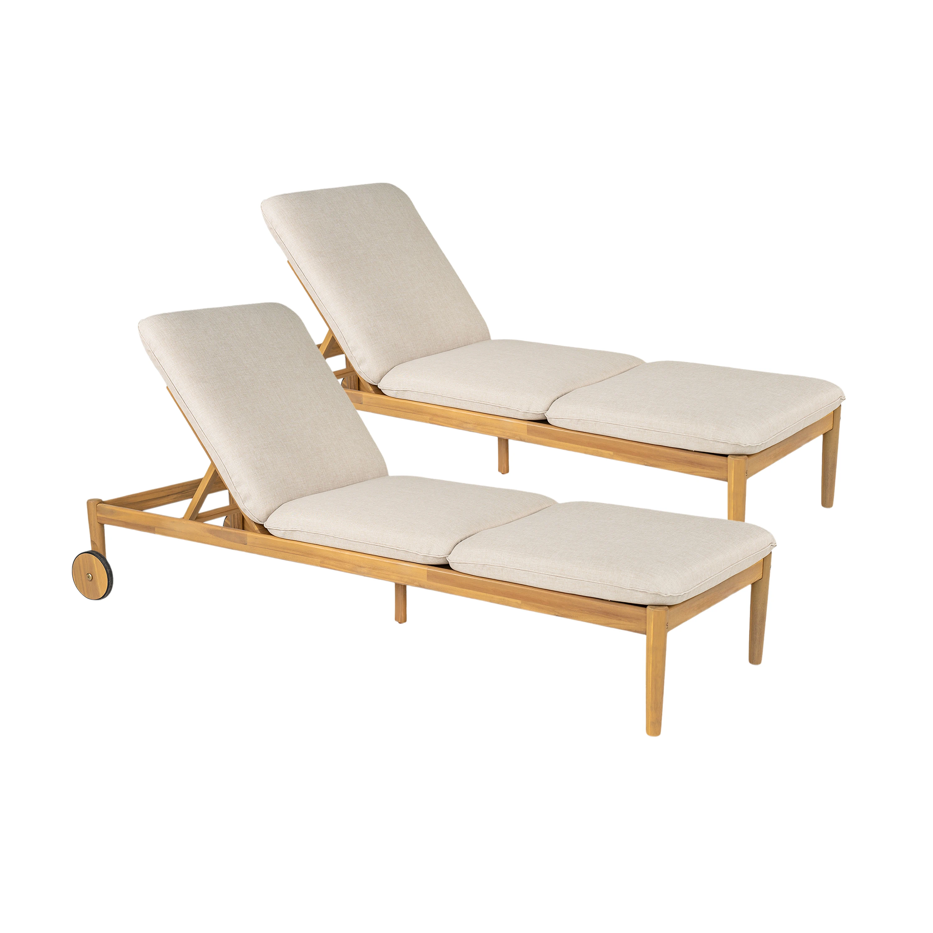 

# Modern Durable Outdoor Chaise Lounge With Wheels Acacia Wood Frame (Set Of 2) Swimming Pool Sun Loungers