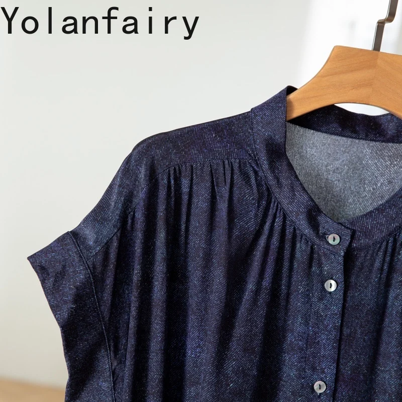 YOLANFAIRY 100% Pure Mulberry Silk Dresses 2025 Woman Fashion Denim Printed Short-sleeved Dress Lace-up Office Wear Long Dresses