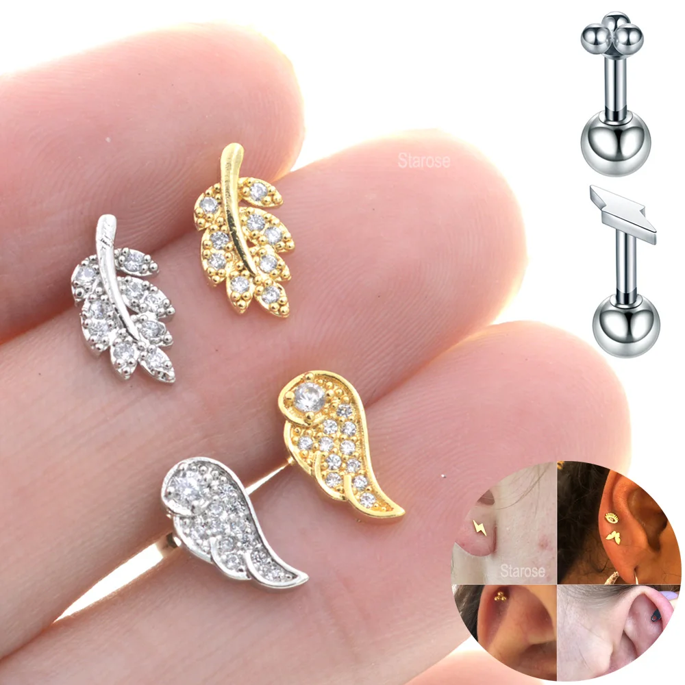 2Pcs Top Surgical Steel Barbell Piercing Jewelry Leaf Wing Helix Cartilage Earrings Crystal Daith Ear Stud Rings Tragus Piercing