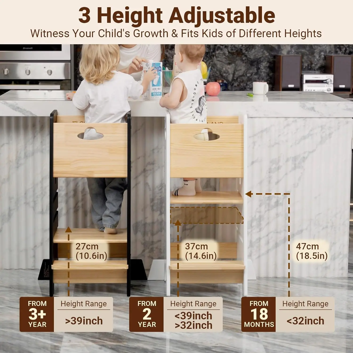 Toddler Standing Tower Adjustable Height - Super Stable Toddler Kitchen Stool Helper - 3 Levels Adjustable Wooden Toddl