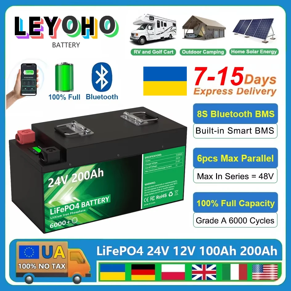 LiFePO4 24V 200Ah 5120Wh Battery Bluetooth 8S 200A BMS 6000+ Cycles 12V 100Ah 200Ah 280Ah Home Lithium Battery Pack EU UA NO TAX