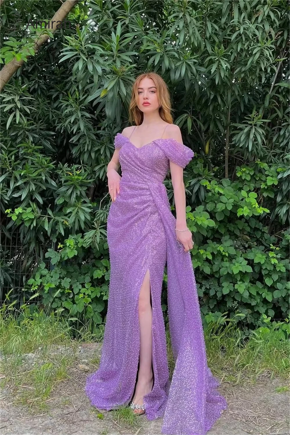 فستان حفلات أميرا لحفلات الزفاف مصنوع حسب الطلب فساتين سهرة لحفلات الزفاف بفتحة ذيل السمكة ترتر أرجواني عاري الكتفين فستان نسائي للحفلات الراقصة