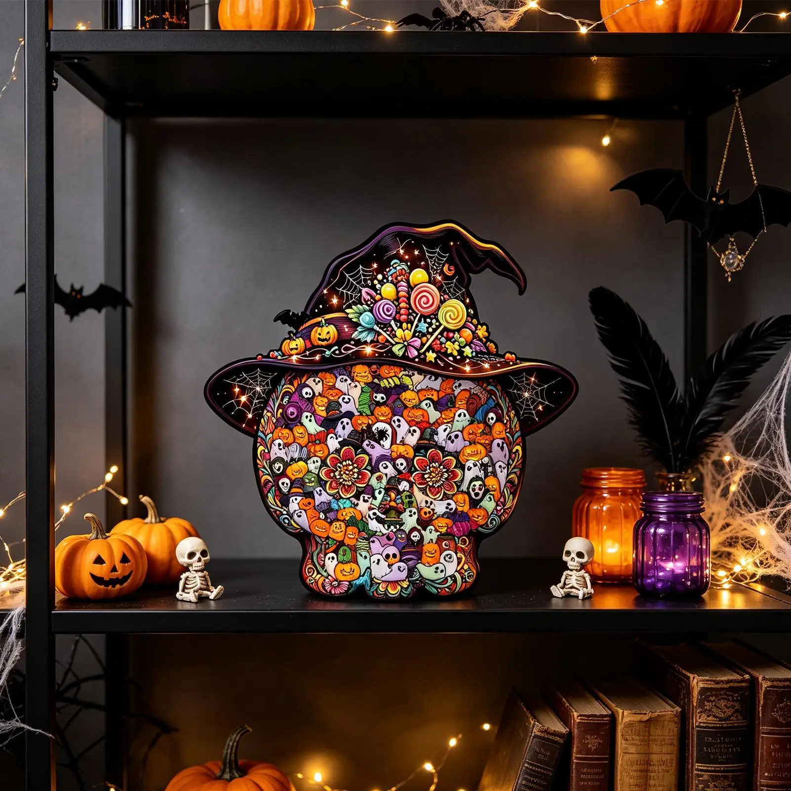 大人向けハロウィンパズル、ユニークな魔女の帽子とスカル型の木製パズル、自宅の机、棚、教室、図書館、作業場、寮に最適