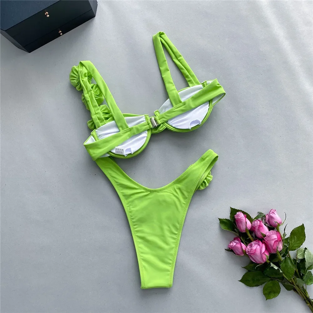 Traje de baño de flores brillantes para mujer, conjunto de Bikini Sexy con Push-Up, bañador de corte alto con aros, Bikini con Tanga 2024