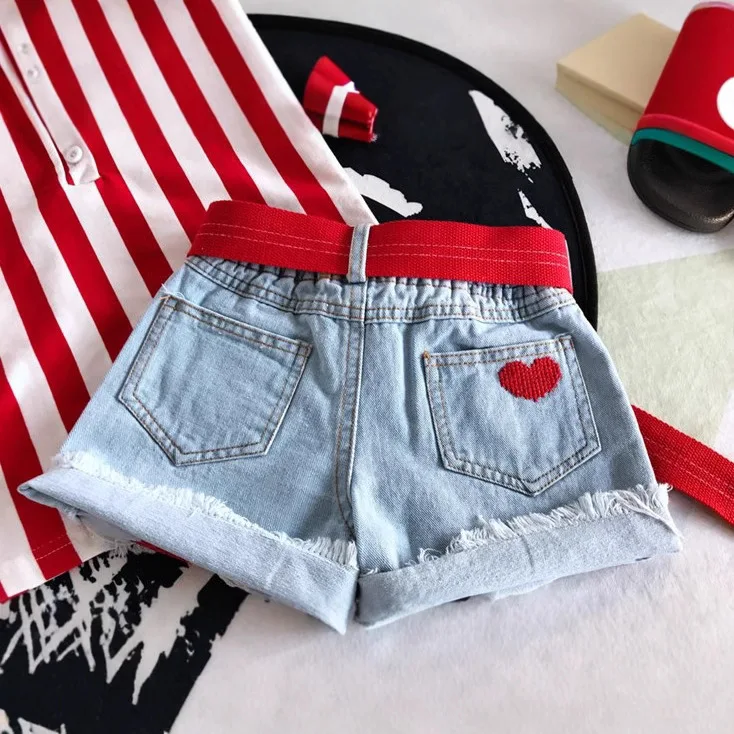 Girls Light Blue Denim Shorts - Distressed Ripped Hem & Red Heart Appliques with Boho Lace-Up Waist Belt Buckle Casual Summer