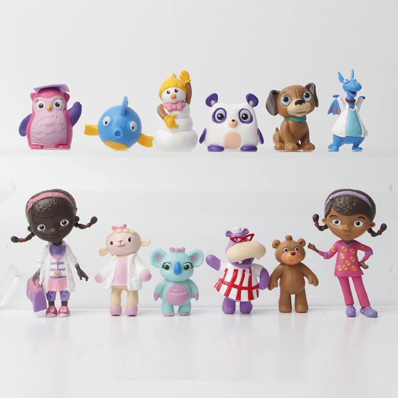 

12Pcs/Set Doc Mcstuffins Characters Toys Doctor Lambie Sheep Stuffy Dragon Hallie Hippo Chilly Snowman PVC GK Model Accessories