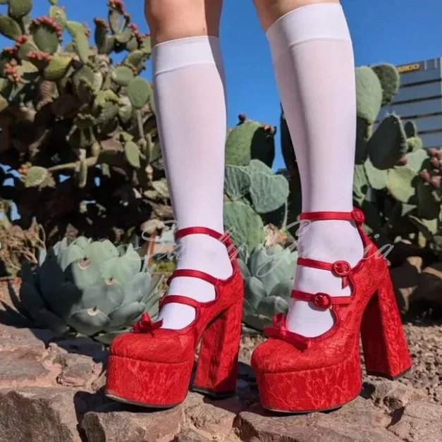 

Туфли-лодочки на платформе с круглым носком и узлом-бабочкой, украшенные красными сетчатыми кружевными босоножками на массивном каблуке, туфли Мэри Джейн для девочек с пряжкой и ремешком