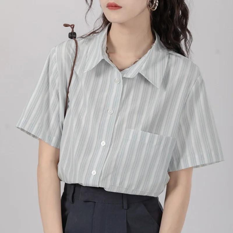 

XEJ Striped Shirt Short Sleeve Chiffon Blouse Oversized Shirt Korean Style Vintage Clothing Women's Summer Tops 2024 Tunic