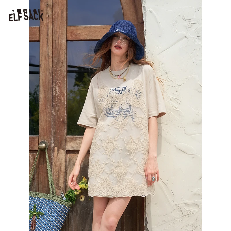 ELFSACK T-Shirt-Kleid mit Rundhalsausschnitt und Buchstaben-Print, lockeres Minikleid mit Patchwork-Spitze vorne, lässiges, tägliches Outfit für Damen