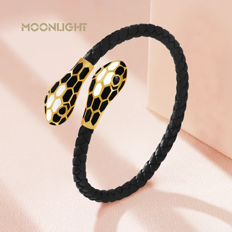 MOONLIGHT Classic Style Double Snake Head Cuff Bangles for Women Genuine Braided Leather Bracelets Female Fashion Jewelry Gifts