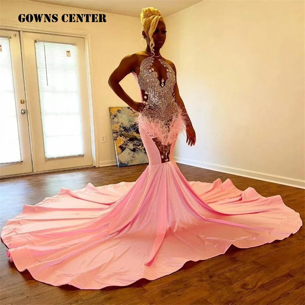 

Pink Feathers Velvet Prom Dresses Silver Crystal Black Girl Pageant Birthday Dresses Evening Formal Dress robe de bal Customized