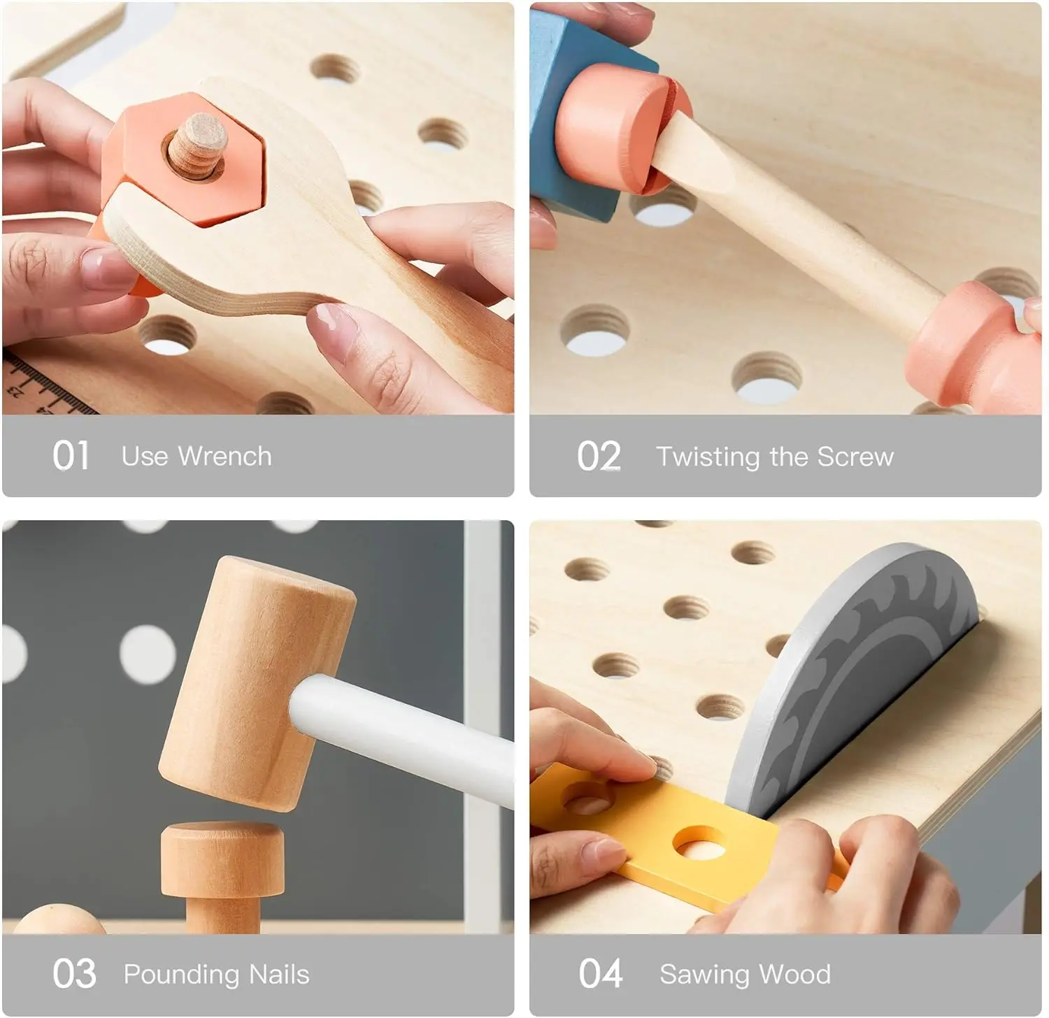 Robotime キッズツールベンチ 木製おもちゃツールベンチ 本物そっくりのツールと電動ドリル付き 子供向けごっこ遊び学習 ブルー