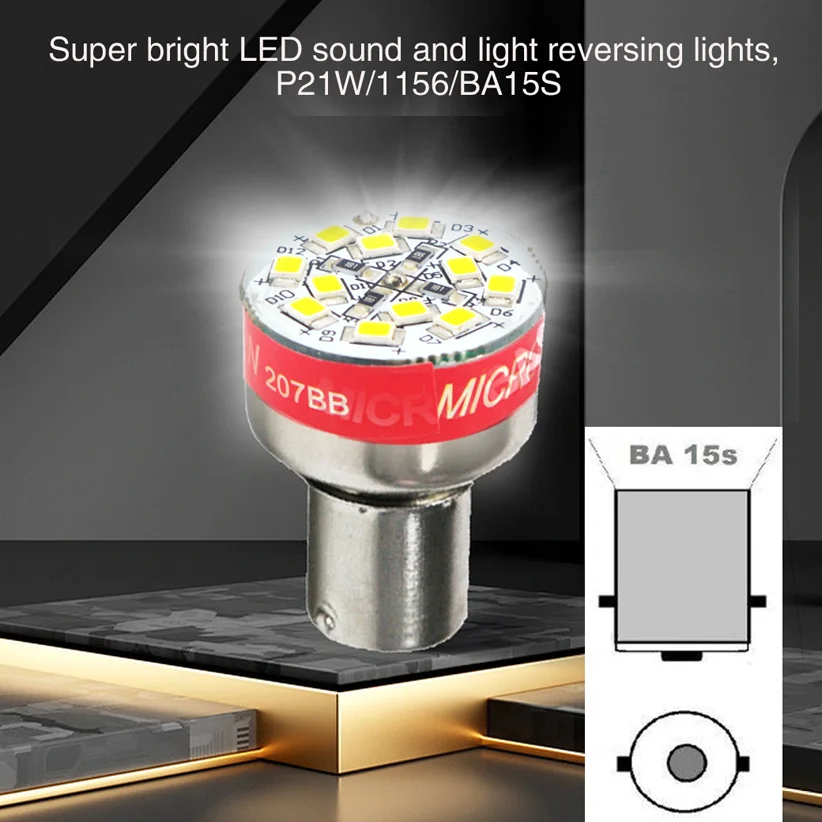 초고휘도 12-SMD-LED 사운드 및 조명 후진등 1개, P21W/1156/Ba15S 베이스. 이 제품은 기존 후진등을 대체하며, 후진 시 차량 뒤에 있는 사람들을 효과적으로 경고합니다. P21W/1156/Ba15S 인터페이스에 적합한 LED 조명 교체 제품입니다. 후진 시 105데시벨 경고음이 발생하여 안전을 보장합니다. 썸네일 2