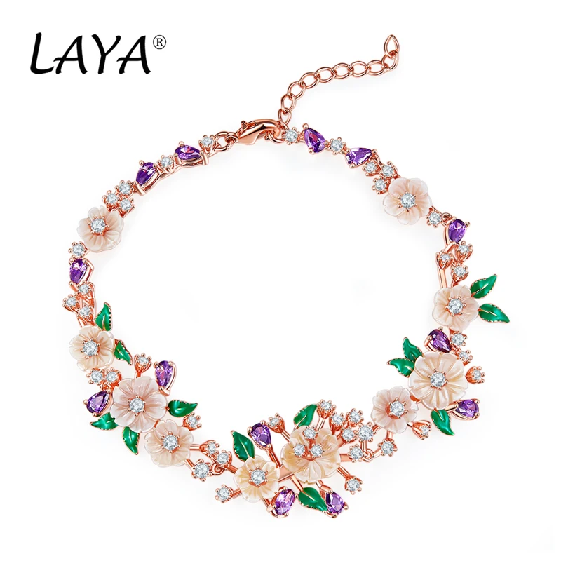 LAYA 925 srebro moda naturalna muszla kwiat zielony liść emalia wysokiej jakości bransoletka z cyrkonią na biżuterię ślubną