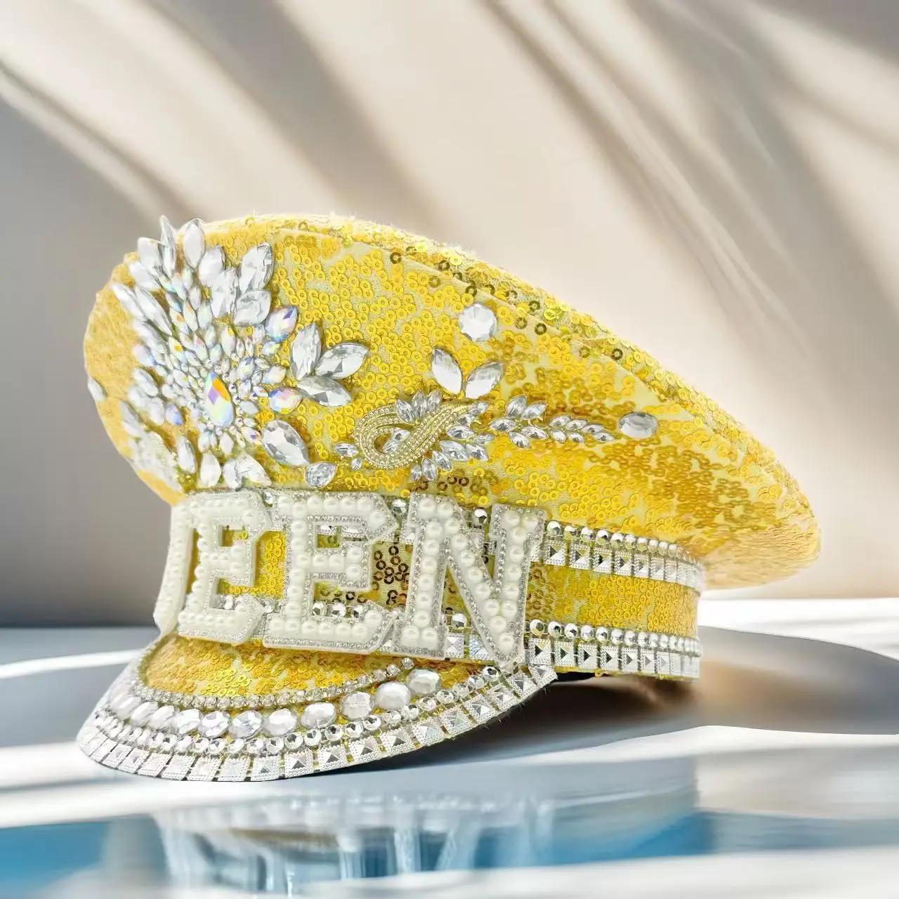 HongLuan Yellow Laser Leather Loop Captain Hat Rhinestone & Military Caps for Woman, Rave Festivals Accessories ＆ Party Cap Man