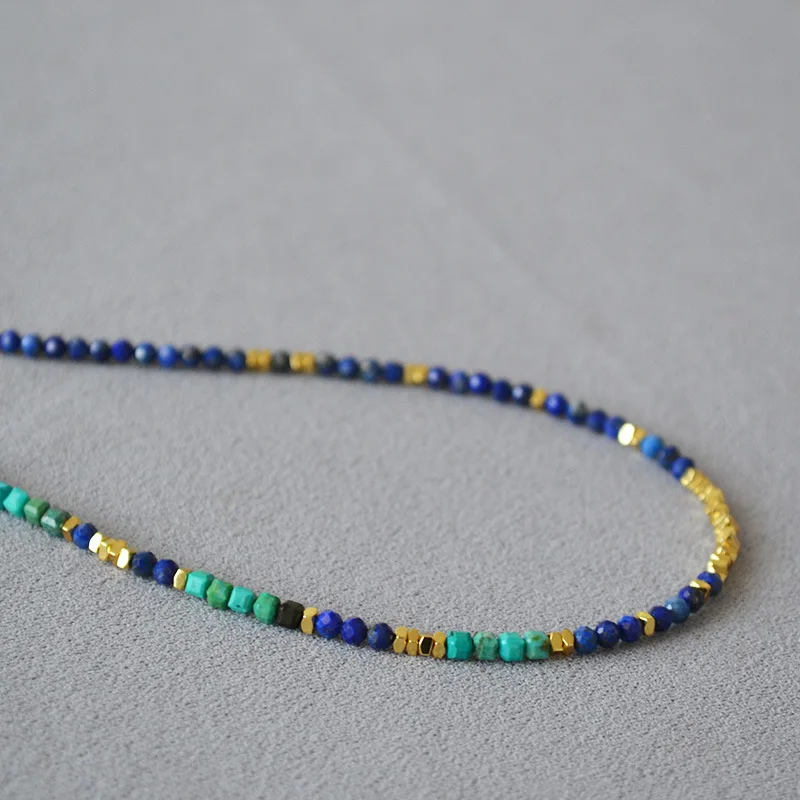 Age-reducing Niche Design Retro Small Lapis Lazuli Stone Irregular Metal Beaded Thin Necklace Leisure Style Clavicle Chain Women