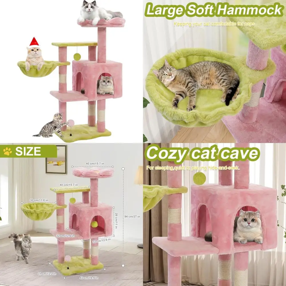 

Pink Flower Perch Cat Tower for Large Indoor Cats, 41 Metal Frame Tree with Hammock and Scratching Post