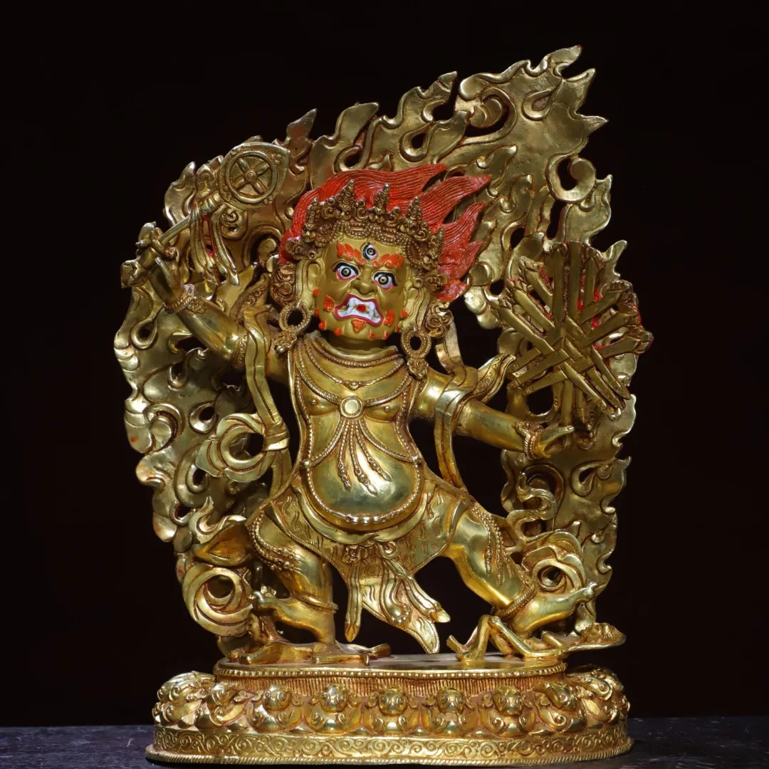 

12"Tibetan Temple Collection Old Bronze Gilded Cinnabar Vajrayana Bodhisattva Buddha Backlight Lotus Terrace Worship Hall