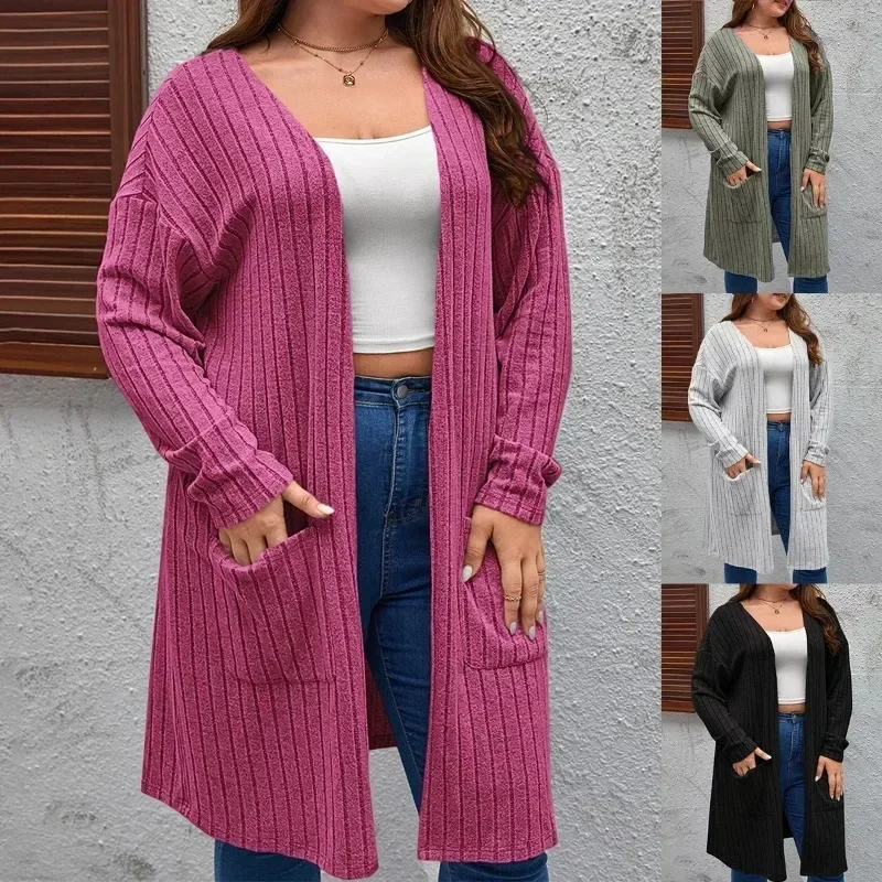 Women's 1XL-5XL Plus Size Spring and summer new oversized casual long sleeved cardigan sweater jacket for women