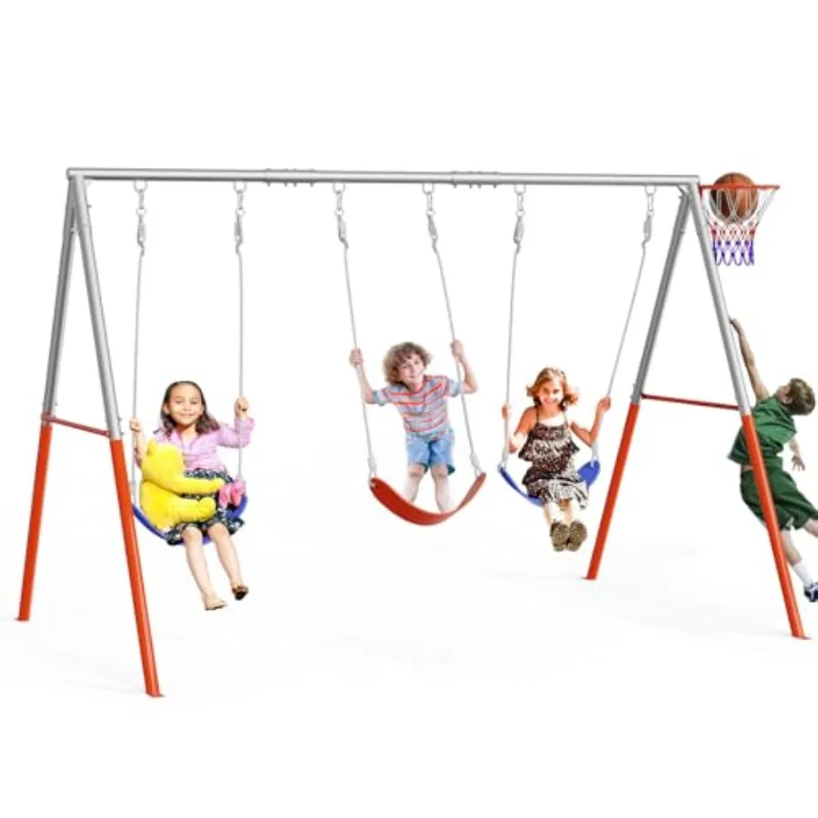 

3Seats Swing Set for Backyard Outdoor Play with Basketball Hoop Featuring 3 HeightAdjustable Seats and 6 Locking Threaded Hange