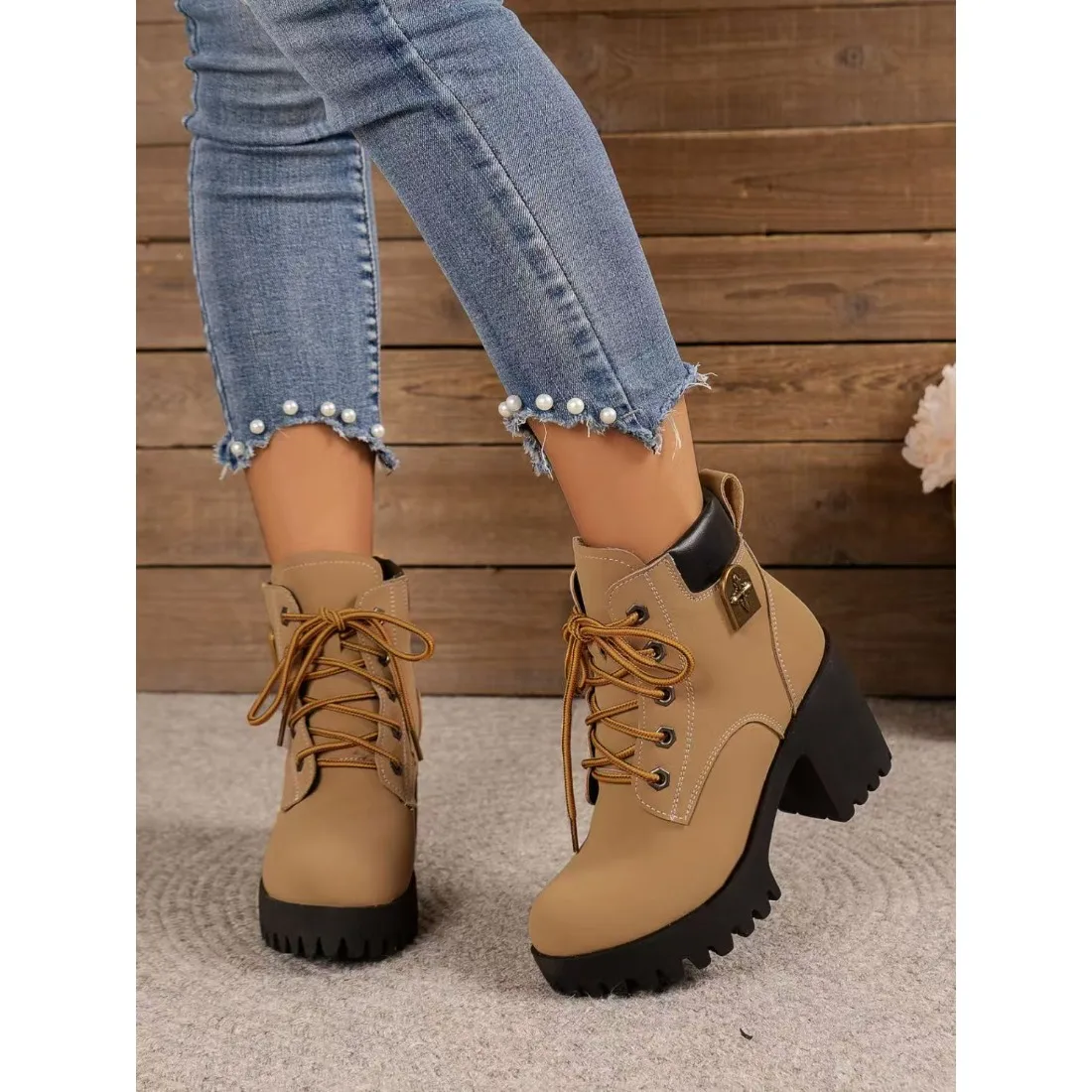 Botines de Tacón Grueso con Punta Redonda Retro para Mujer, Botines Cortos de Plataforma con Cordones y Peluche, Novedad de Otoño