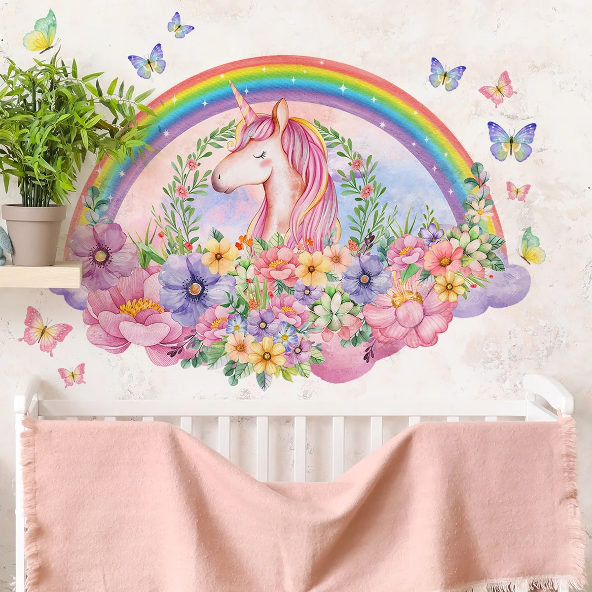 Rainbow Unicorn Flower Wall Sticker for Living Room Girls Bedroom Background Decoration Self-adhesive Wall Decals Daughter Room