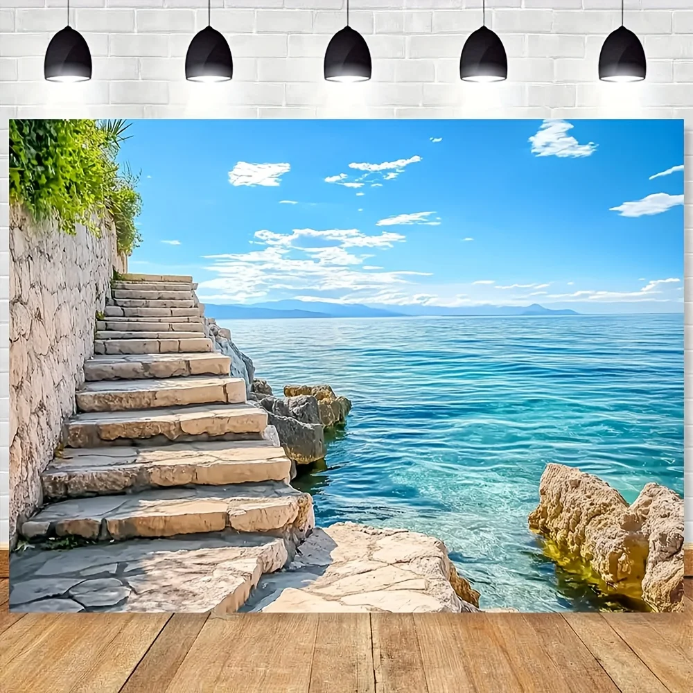 1 pancarta con fondo de océano azul mediterráneo, fondo de isla con vista al mar español, varios tamaños para elegir