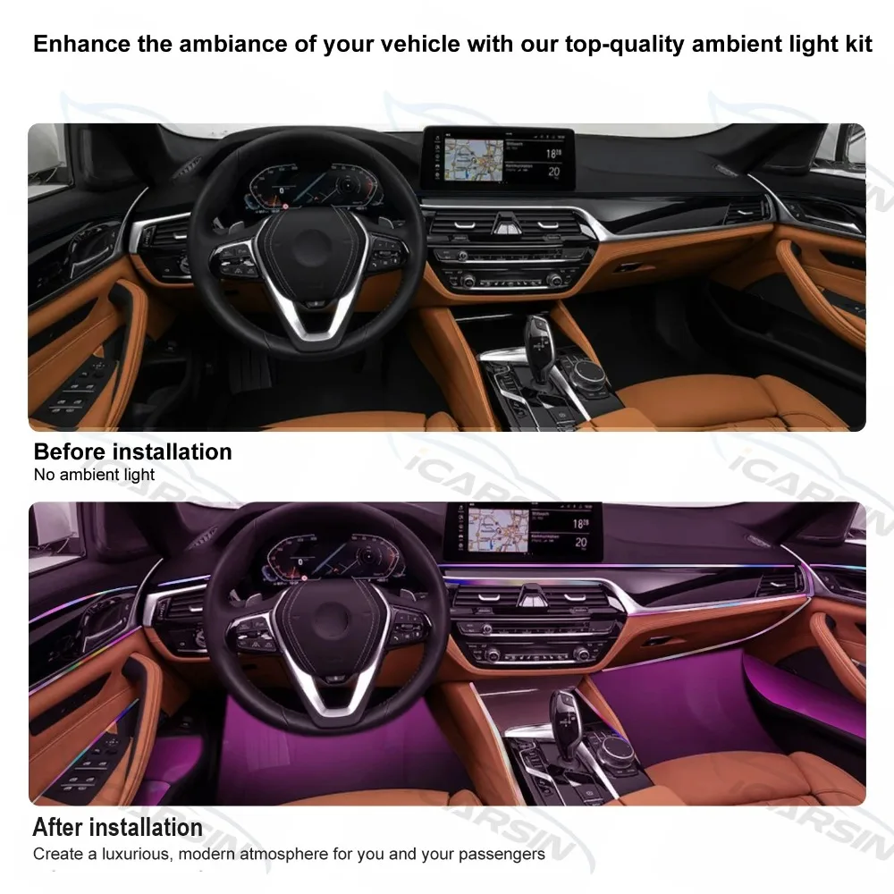C2 64 لونًا ديناميكيًا سيمفونيًا عالميًا ضوء محيط للسيارة إضاءة جو LED داخلية 22 في 1 للتحكم في التطبيقات 18 في 1