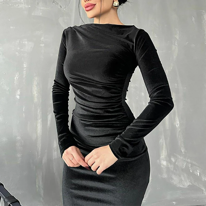 Casual Solid Color Pleated Party Dress Simple Women's Long Sleeved Wrap Hip Dresses New Elegant O-neck Velvet Slim A Line Dress