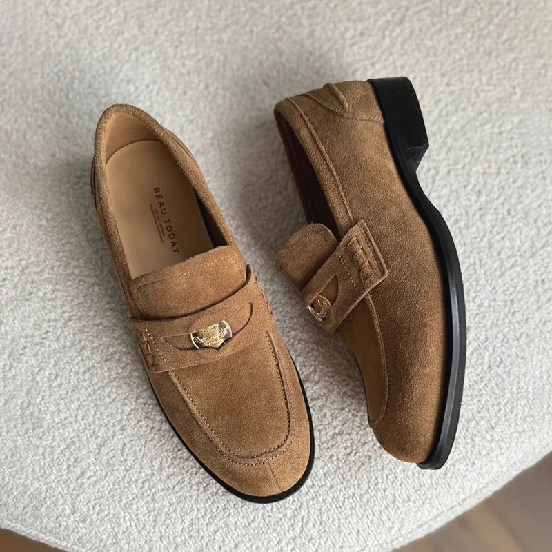 BEAUTODAY Penny Loafers Women Cow Suede Leather Flats Vintage Metal Cion Decor Sewing Female Casual Shoes 26189