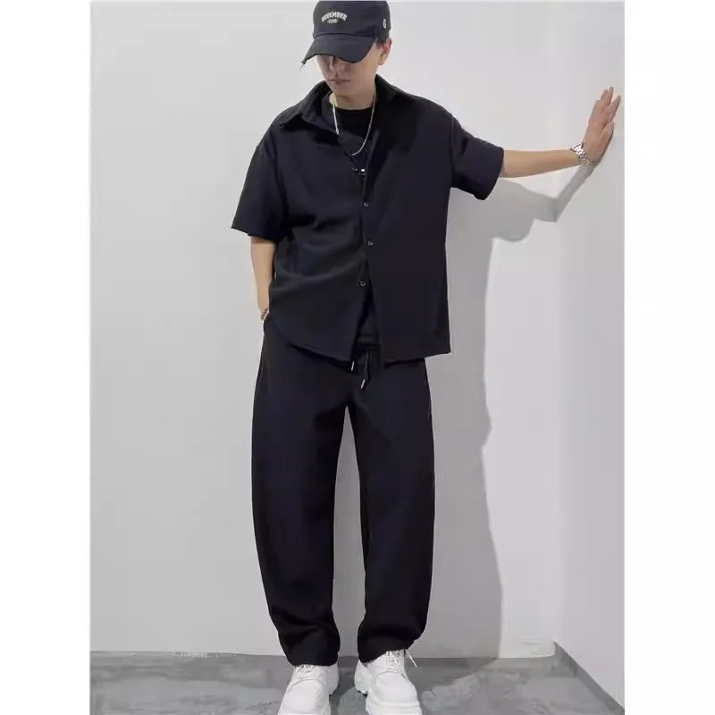 

Summer Large Size Men's Sporty Striped Shirt And Straight Leg Pants Two-Piece Set Casual Retro Hong Kong Style Long Sleeve
