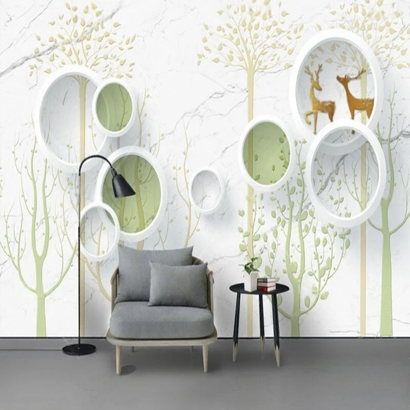

Modern and fashionable 3D stereoscopic circle abstract tree golden elk TV luxurious home decoration bedroom background wall
