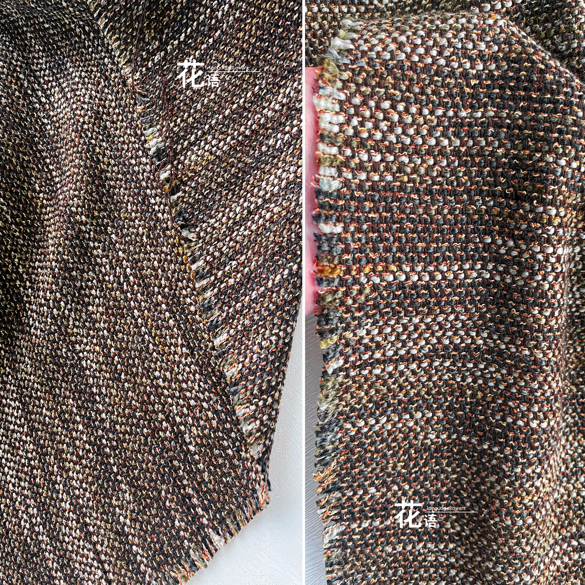 Apricot Black Tweed Designer Fabric Thick Textured Weave for Warm Coats, Dresses, Costume Making and Handmade Clothing Projects