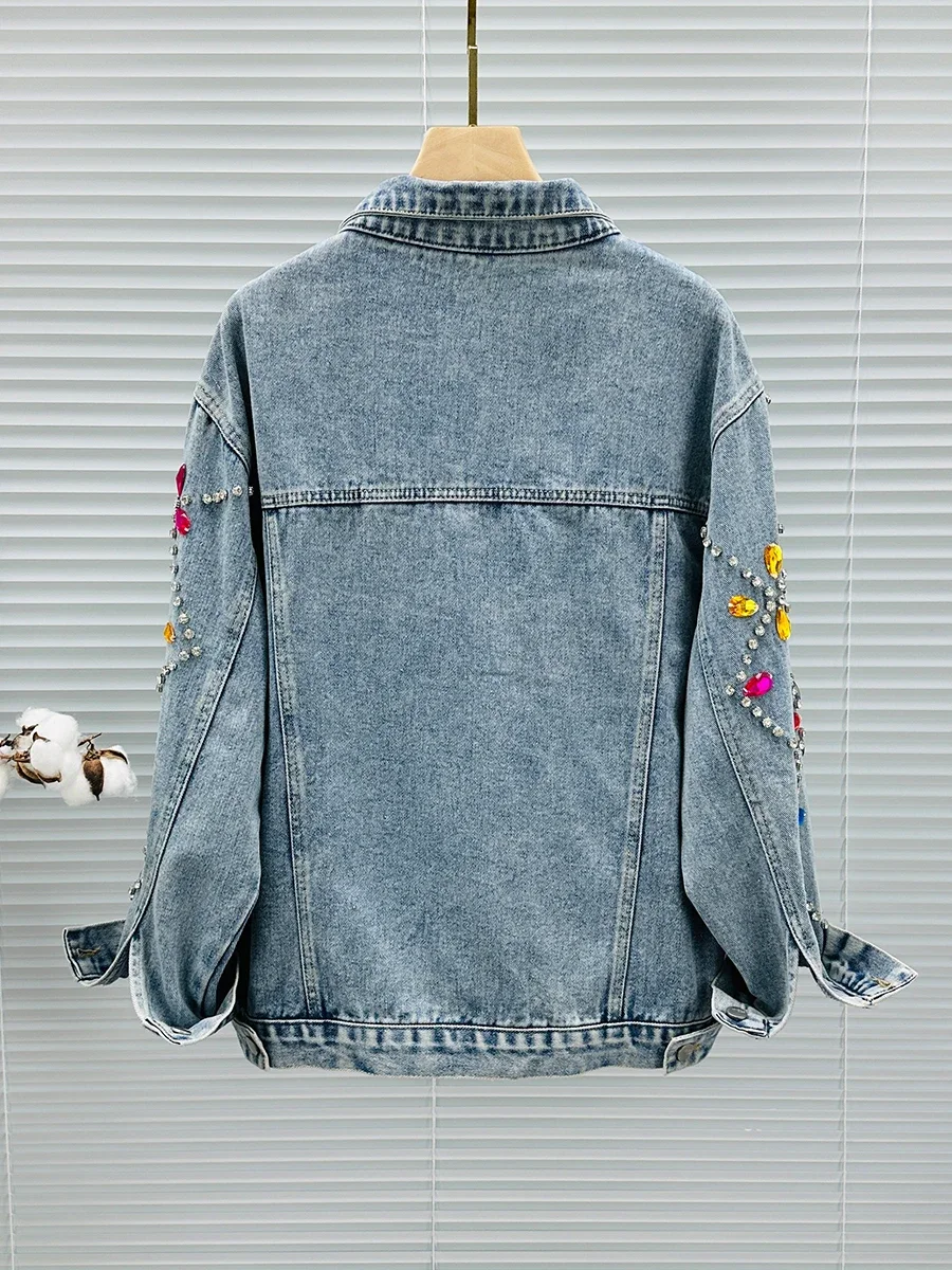 Exquisite Rhinestone Denim Coat Female 2024 Autumn New Fashionable Loose All-Match Streetwear Long Sleeve Women Jackets