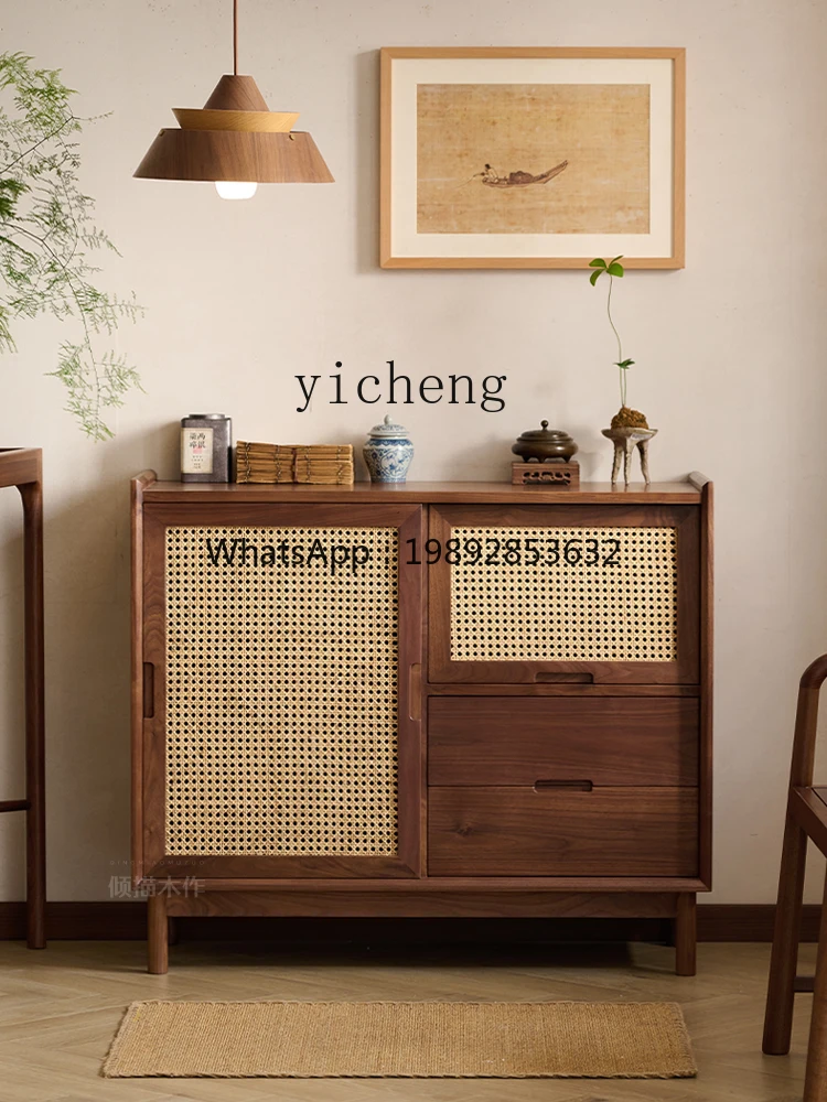 solid wood dining side cabinet modern simple rattan door tea cabinet household storage cabinet