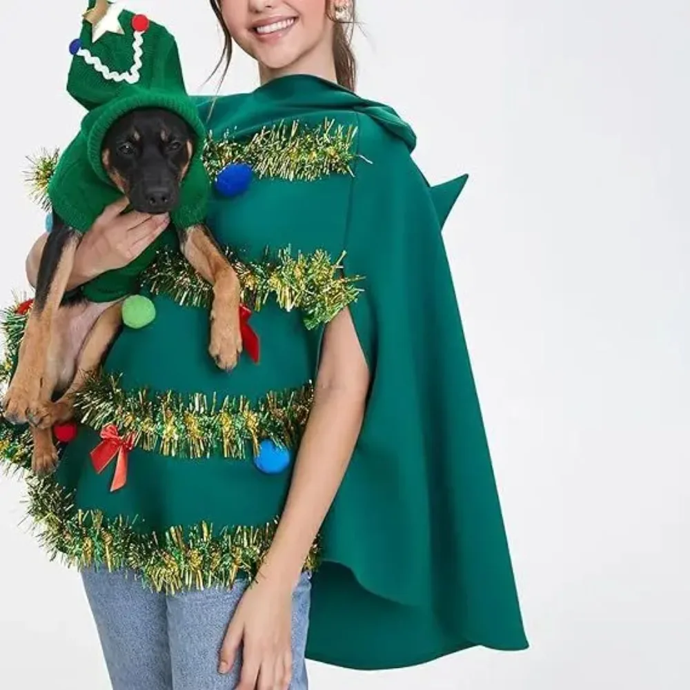 

Christmas Hooded Cape Costume Festive Tree Shaped Dress, Novelty Santas Outfit for Christmas Party
