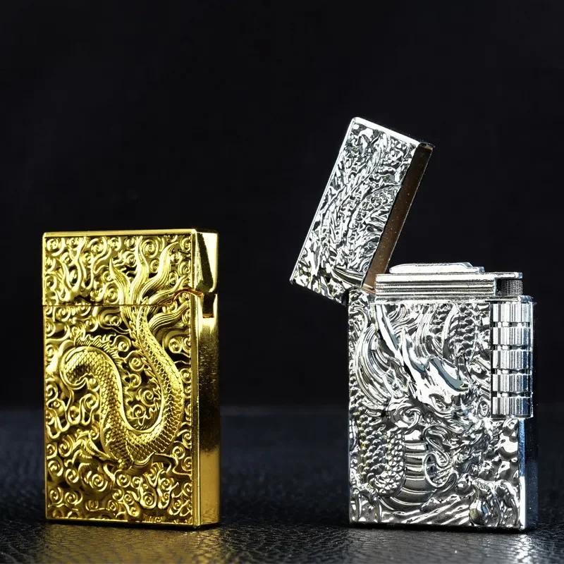 Dragon Gas Lighter Grinding Jet Gas Flint Lighter Butane Metal Emboss PING Bright Sound Cigarette Cigar Lighter Inflated