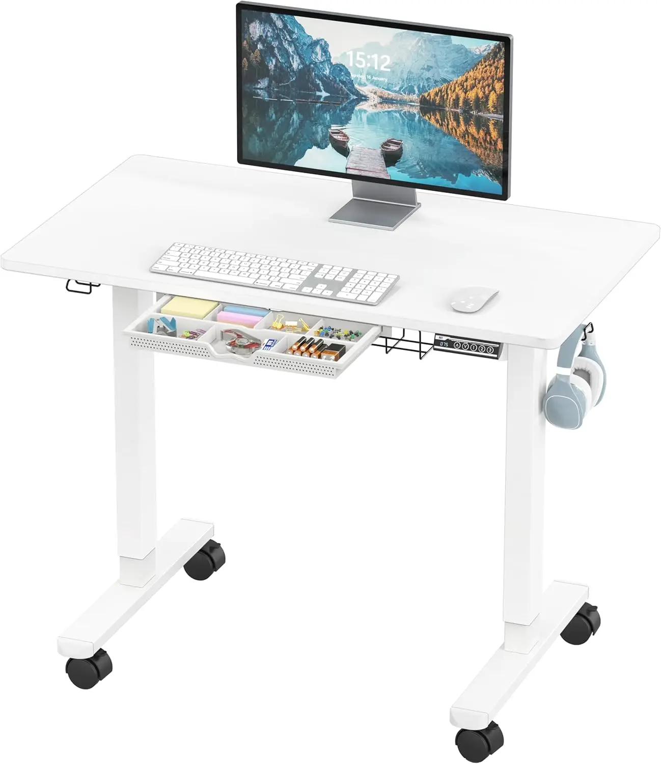 

40-Inch Mobile Electric Height Adjustable Sit to Stand Desk with Drawer, Hanging Hooks and Cable Management, White
