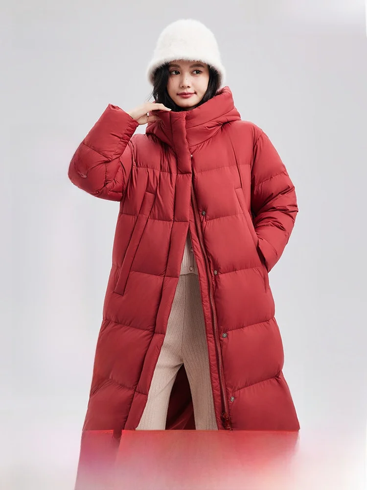 

Snow Flng Spring 2026 Women's Long Hooded down Jaet Thiened Warm Red New Year's Outfit Du down Filling Nylon Material