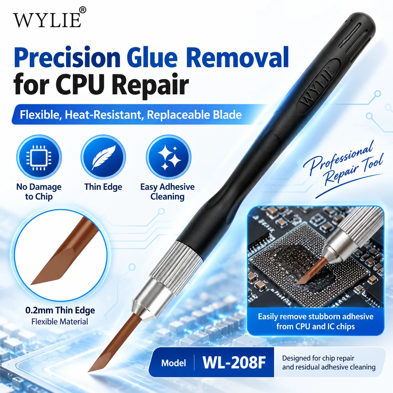 WYLIE WL-208F CPU Specific Glue Removal Knife for Electronics Repair PCB CPU Chips IC Solder Pad Adhesive Residue Removal Tool