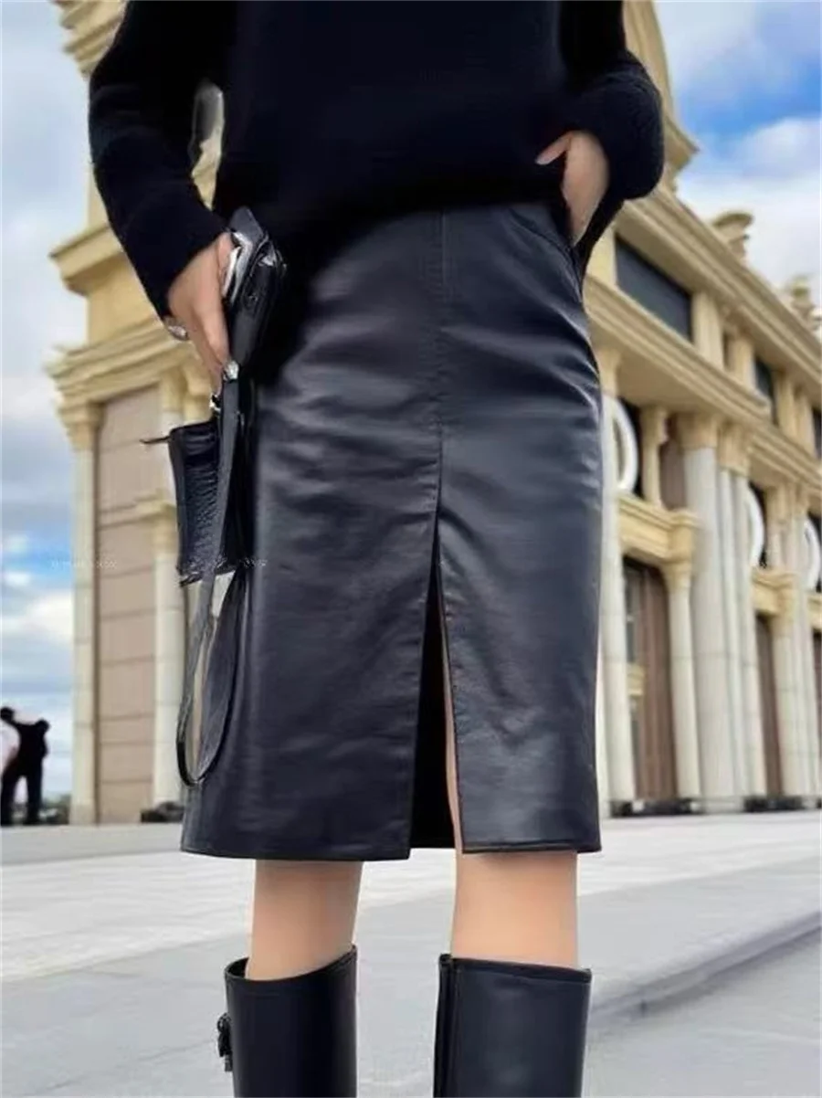 

Кожаная юбка Ele Bla с высокой талией и разрезом для женщин, удобная для повседневной носки, в корейском стиле, приталенная, из овчины, А-силуэт
