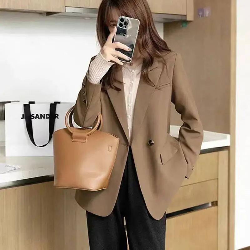 

Винтажный двубортный пиджак, женский однотонный повседневный пиджак с длинными рукавами и зубцами, женские пиджаки в корейском стиле, верхняя одежда